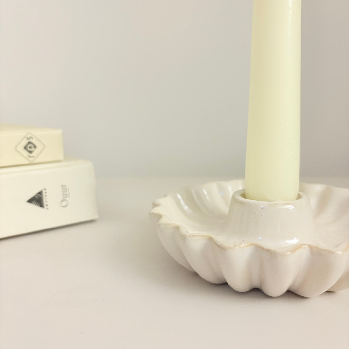 Scallop-Edge Ceramic Candlestick Holder with Handle