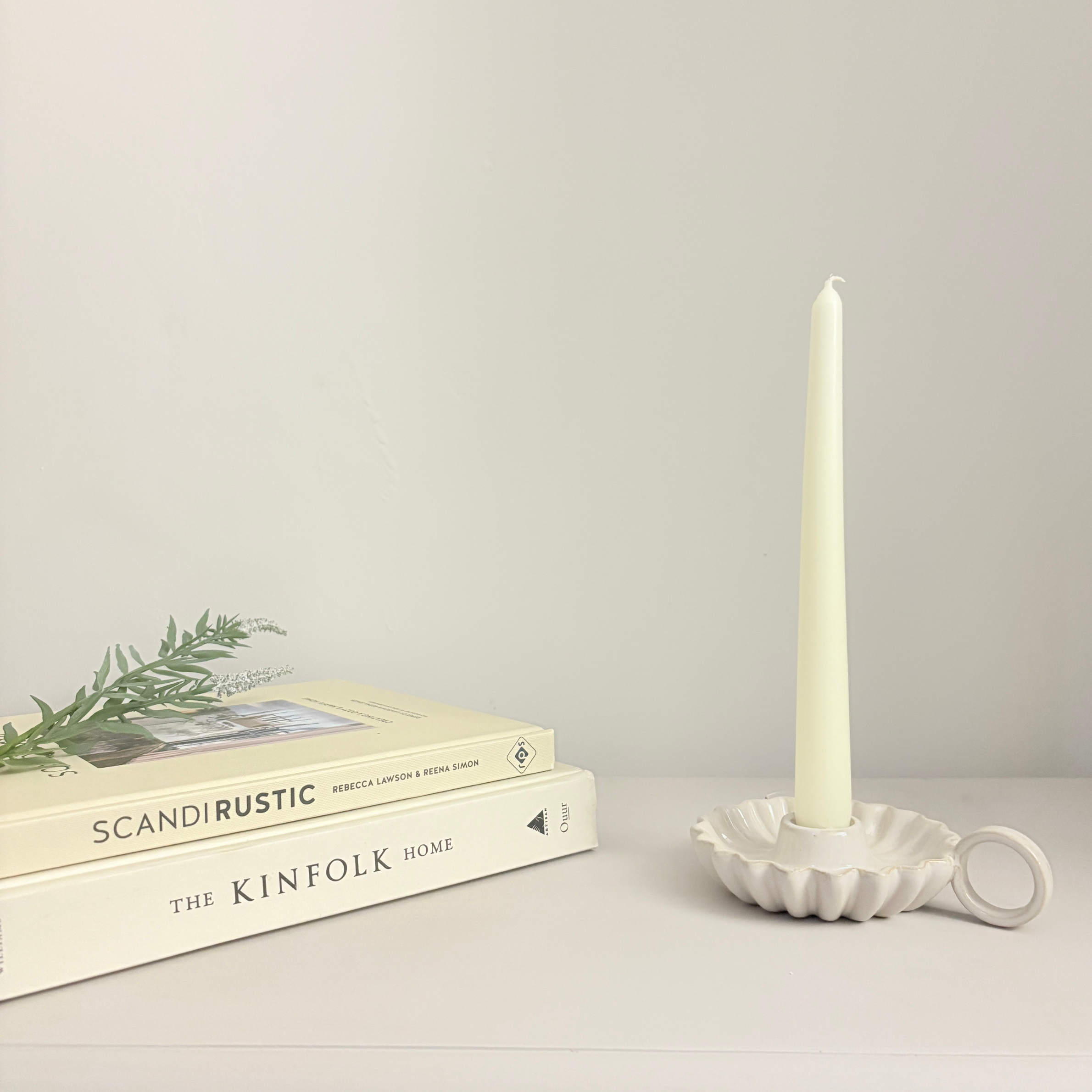 Scallop-Edge Ceramic Candlestick Holder with Handle