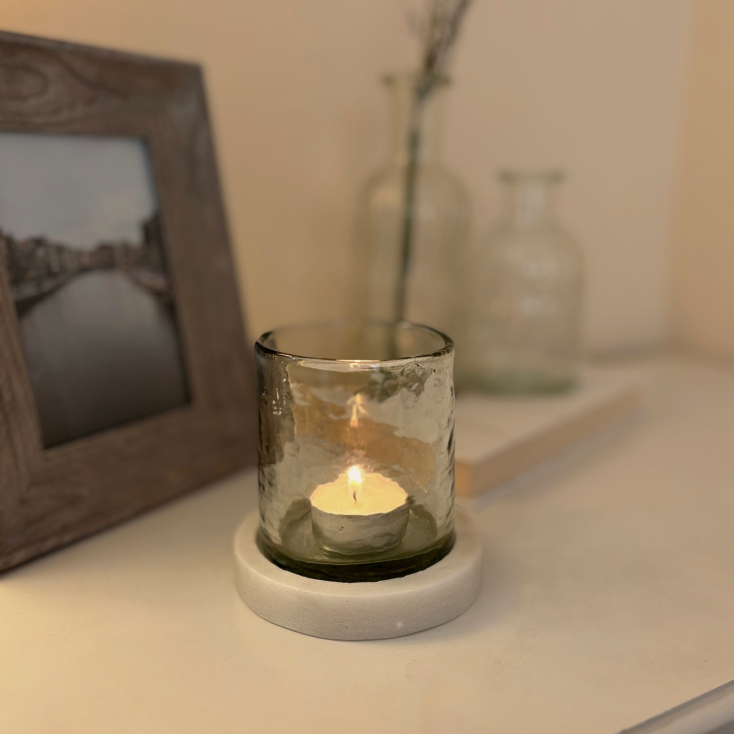Small Hurricane-Style Tealight Holder with Hammered Glass & Marble Base