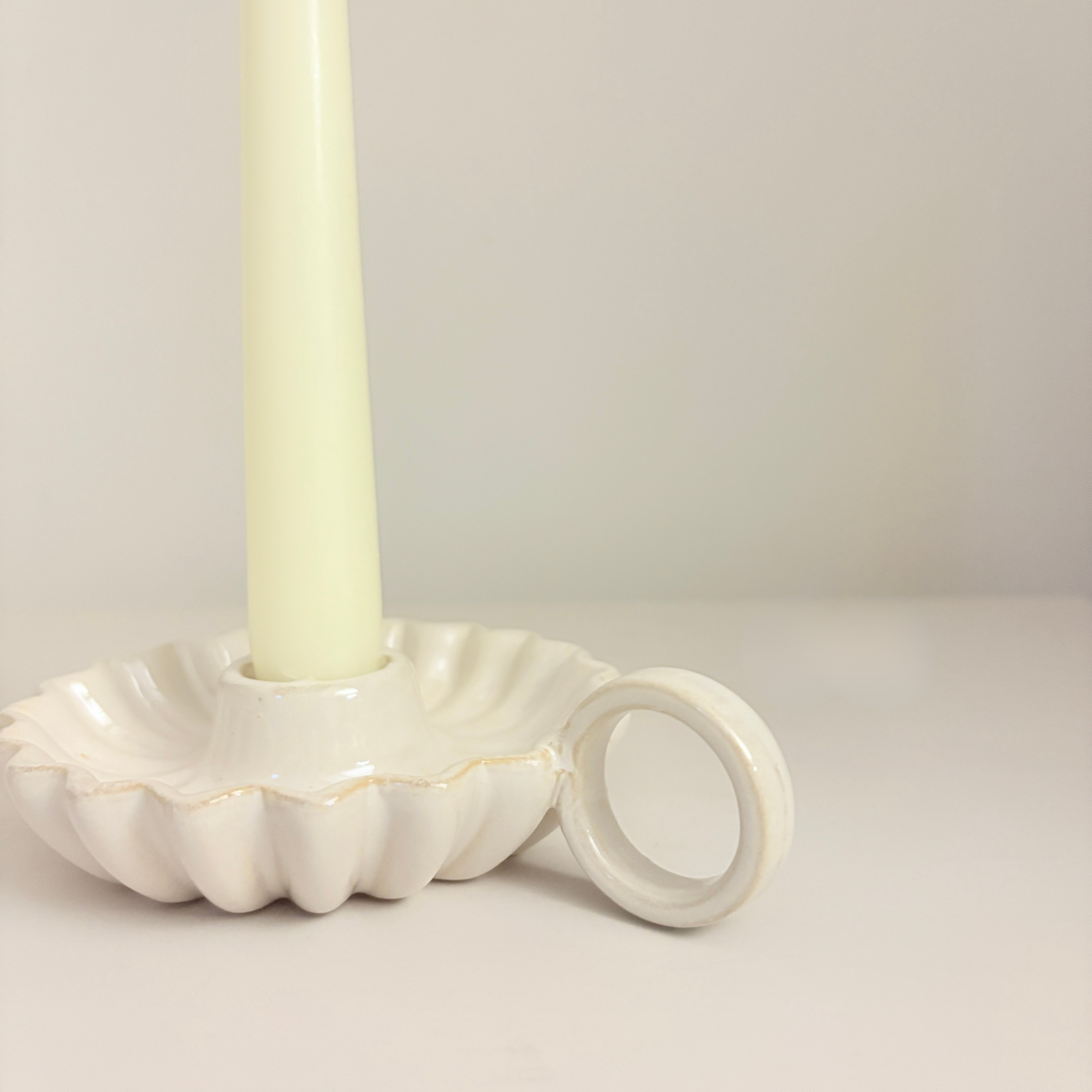 Scallop-Edge Ceramic Candlestick Holder with Handle