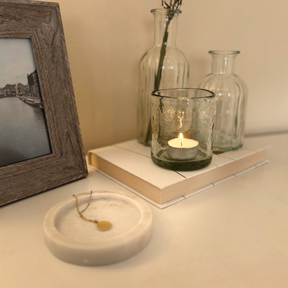 Small Hurricane-Style Tealight Holder with Hammered Glass & Marble Base