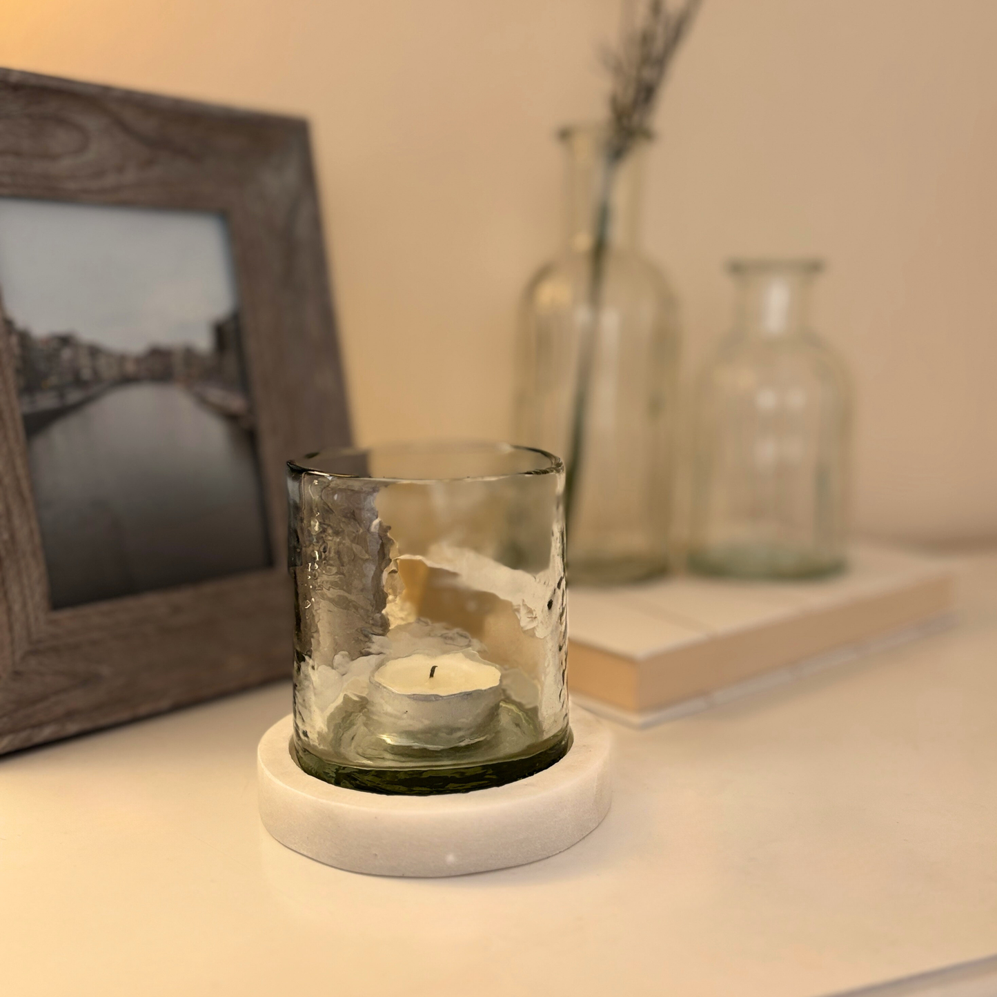 Small Hurricane-Style Tealight Holder with Hammered Glass & Marble Base
