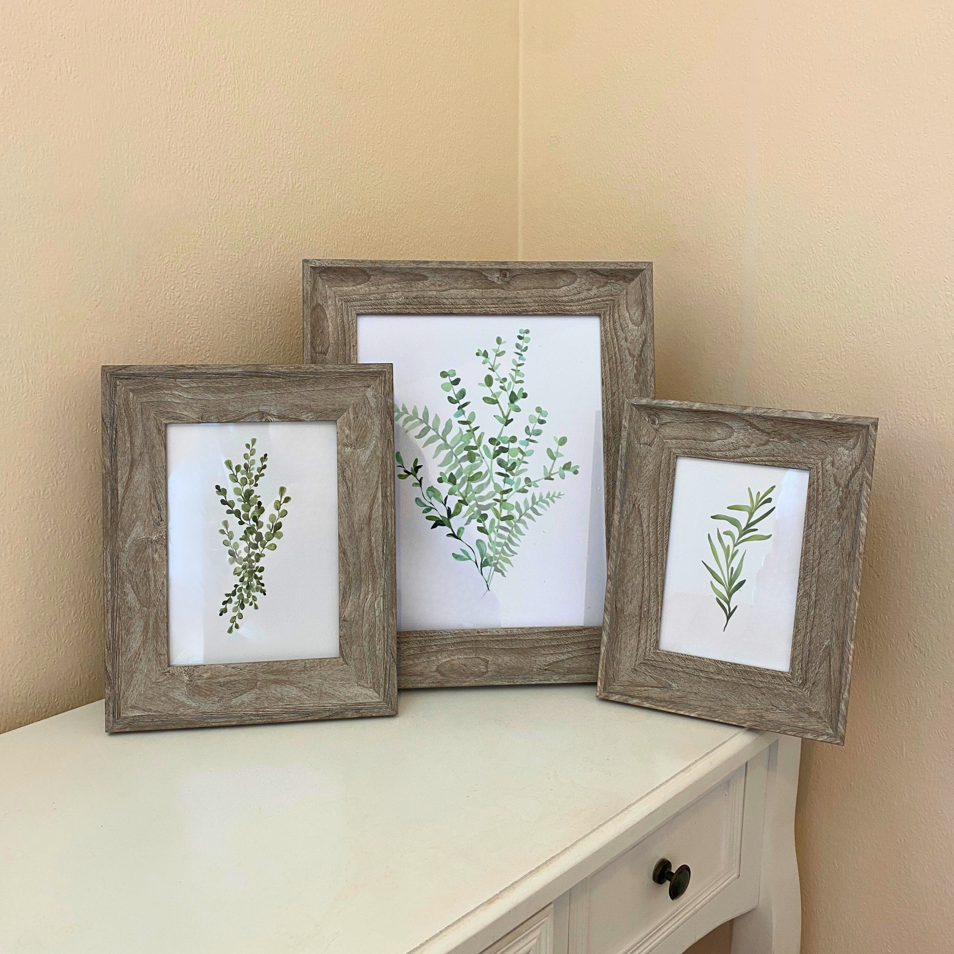 Three wooden-framed prints of greenery on a white surface against a beige wall.