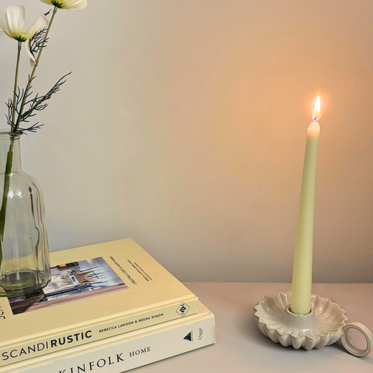 Scallop-Edge Ceramic Candlestick Holder with Handle