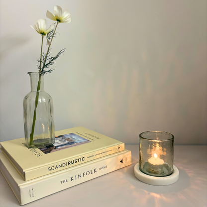 Small Hurricane-Style Tealight Holder with Hammered Glass & Marble Base